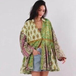 Free People Hazy Baby Boho Mini Dress Tunic Jacket Green Oversized Sz S EUC